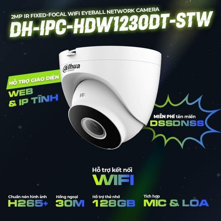 Camera Dome IP Wifi 2MP có đàm thoại DAHUA DH-IPC-HDW1230DT-STW hàng chính hãng