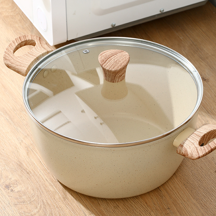 Nồi Đá Chống Dính Nhật Cao Cấp - Nồi Bếp Từ Vân Đá Có Quai Cầm Bằng Gỗ, Nắp Kính Sang Trọng