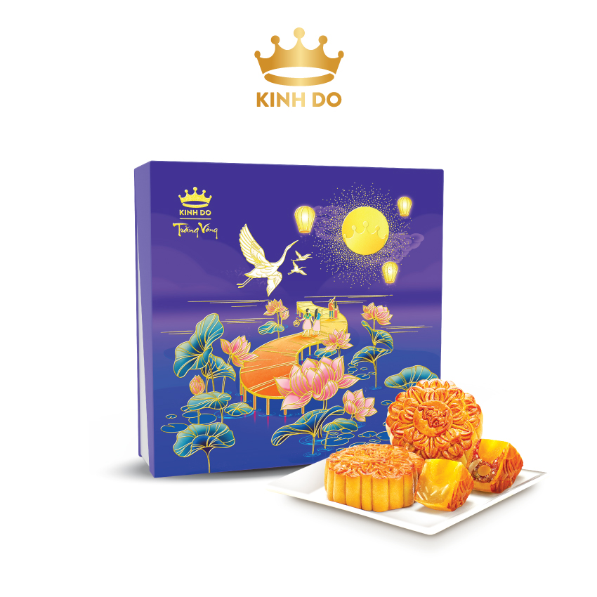 Hộp bánh trung thu Kinh Đô - Trăng vàng Hồng Ngọc An Nhiên (4 bánh x 160gr) + Tặng bộ lồng đèn, đầu lân, mặt nạ ông địa