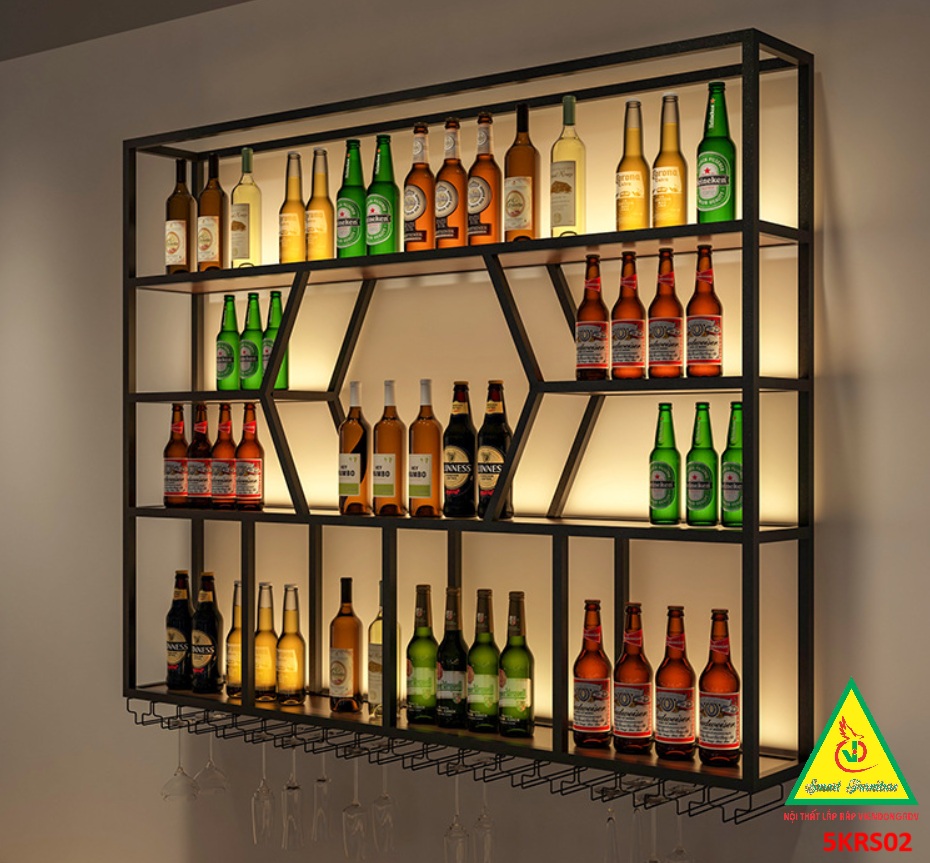 KỆ TRƯNG RƯỢU KHUNG SẮT – MẶT GỖ CÓ ĐÈN 5KRS02 - NỘI THẤT LẮP RÁP VIENDONGADV