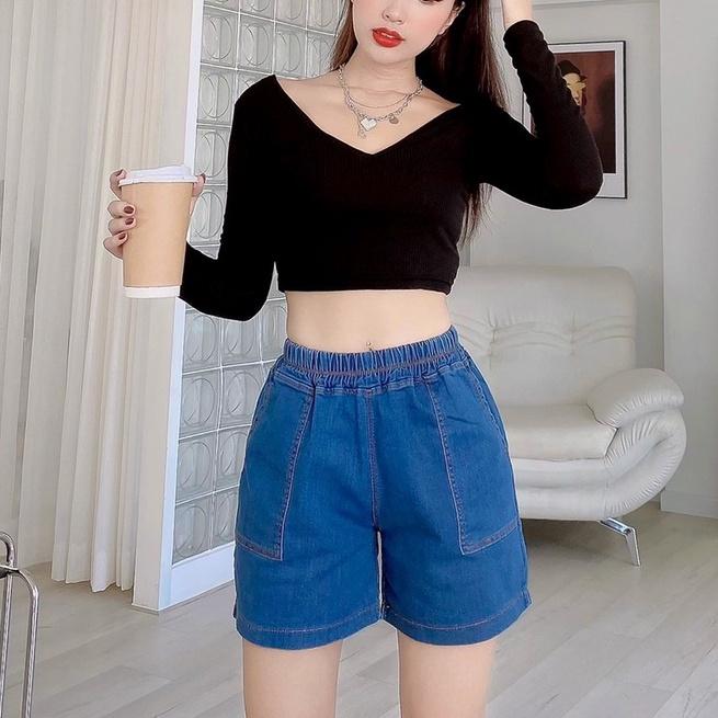 Quần short jean nữ co giãn ống rộng, quần sọt lưng chun co giãn(LC)