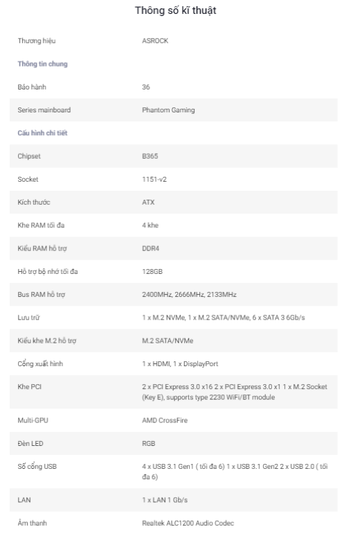 Mainboard ASRock B365 Phantom Gaming 4 Hàng Chính Hãng