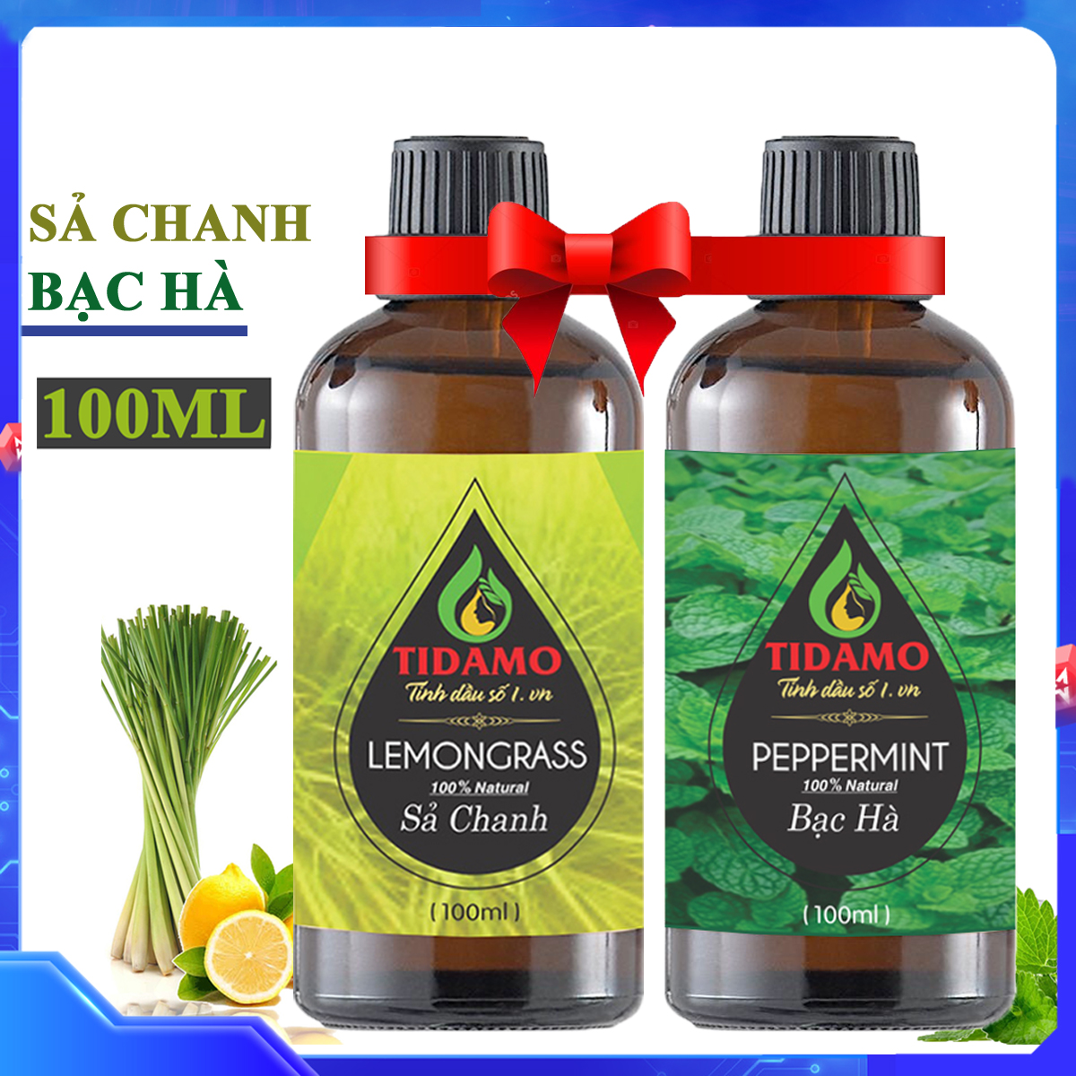 Combo 2 Tinh Dầu Sả Chanh 100ML + Tinh Dầu Bạc Hà 100ML TIDAMO - Tinh Dầu Thiên Nhiên Nguyên Chất Giúp Thư Giãn, Đuổi Muỗi, Thơm Phòng và Nâng Cao Sức Khỏe - Thích Hợp Dùng Với Máy Xông Tinh Dầu