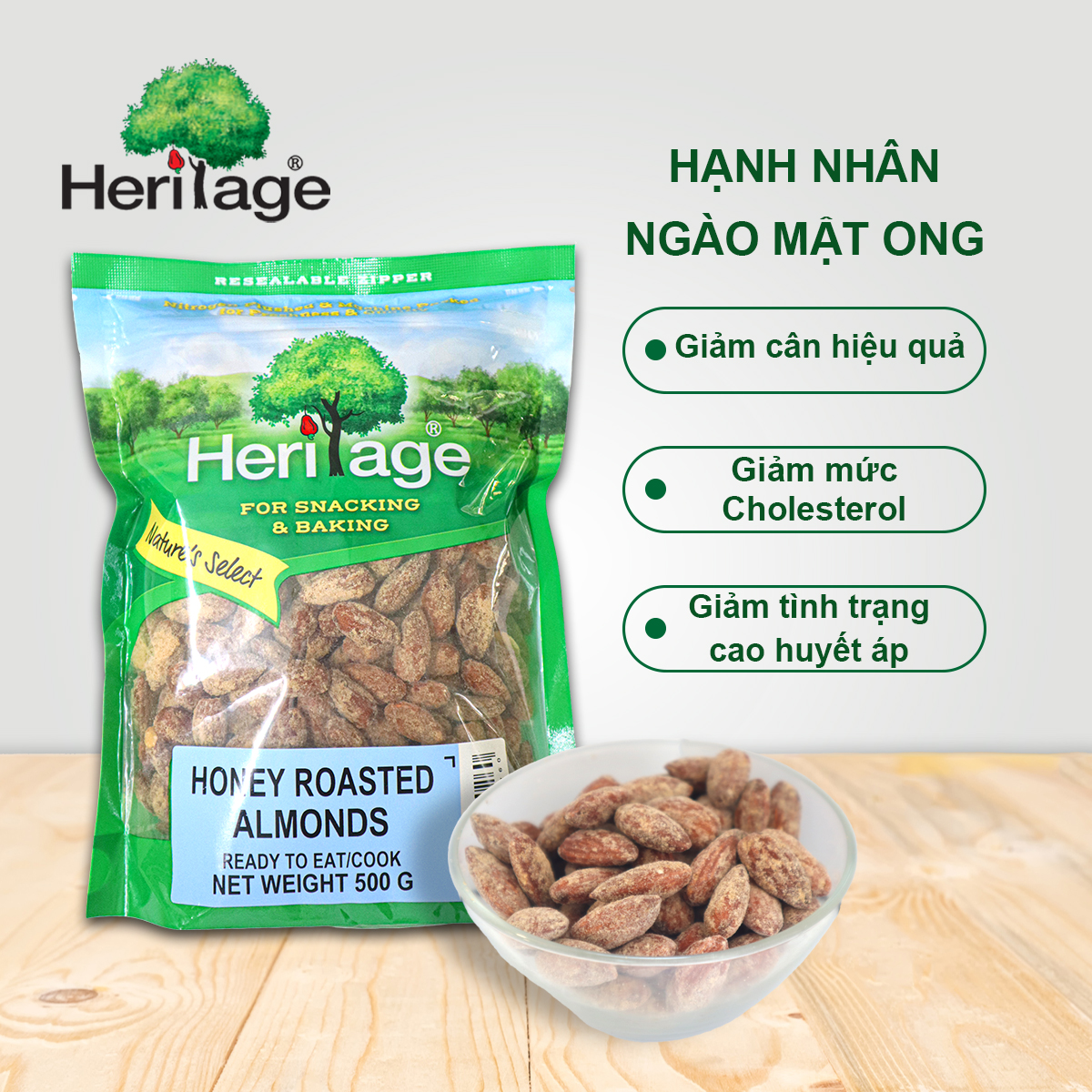 Hạnh Nhân Nguyên Hạt Ngào Mật Ong Heritage - Honey Roasted Almond 500g 