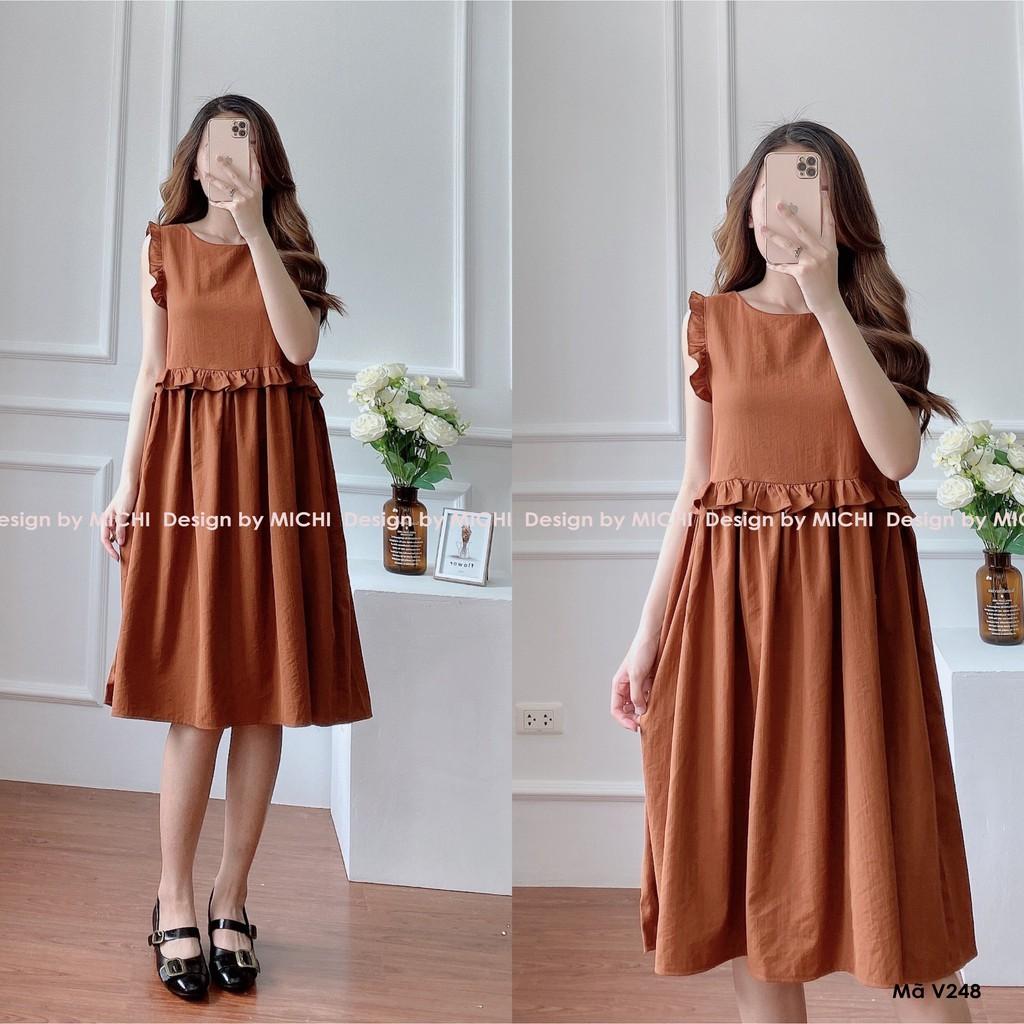 Váy suông tay phối bèo, cổ tròn, freesize form rộng, đầm dáng xuông 2 màu vàng, cam mã V248 - michi's House