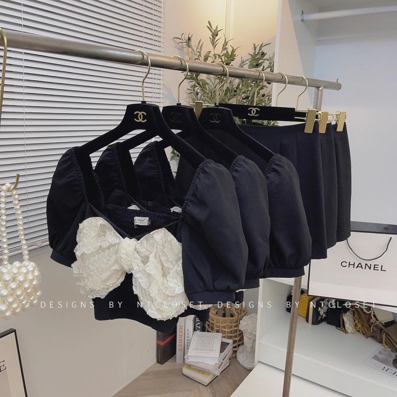 Set áo nơ hoa nổi mix chân váy A nt closet
