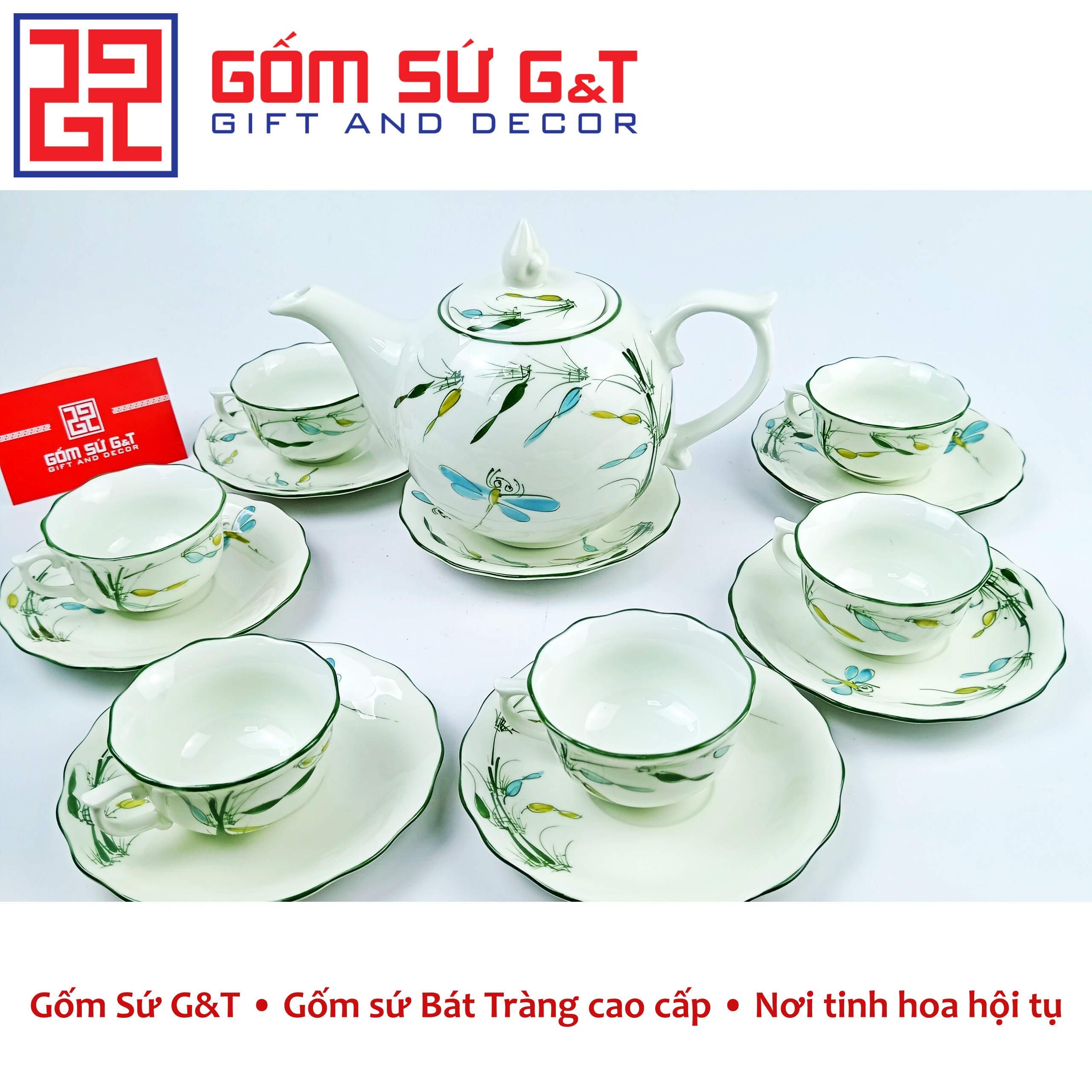 Bộ trà chóp lửa men kem vẽ trúc chuồn Gốm Sứ G&amp;T