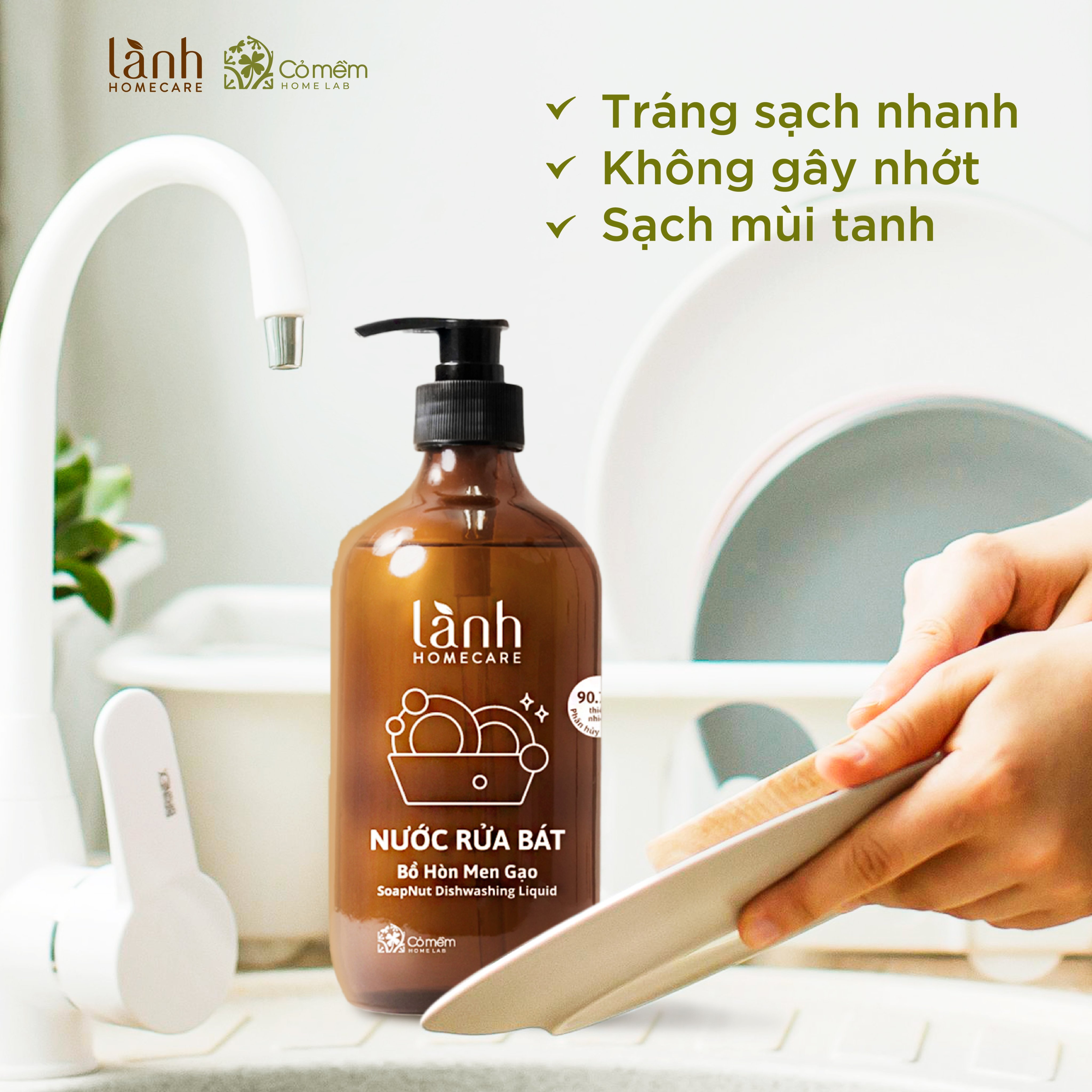 Nước Rửa Bát Thiên Nhiên Lành Homecare Chiết xuất Từ Bồ Hòn Men Gạo An Toàn Cỏ Mềm 500ml