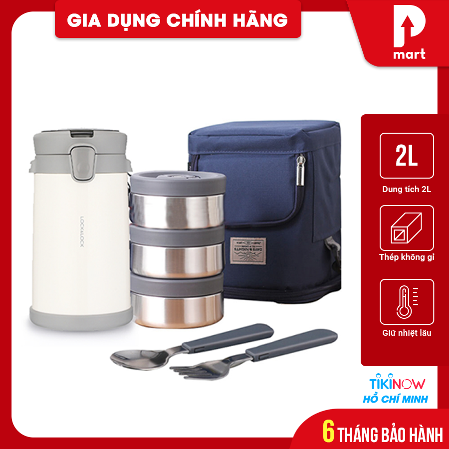 Bộ Hộp Cơm Giữ Nhiệt Lock&amp;amp;Lock Easy Carry 2L LHC8039WHT Có Túi (1 Hộp 720ml, 2 Hộp 420ml Kèm 1 Bộ Muỗng Và Nĩa) Màu