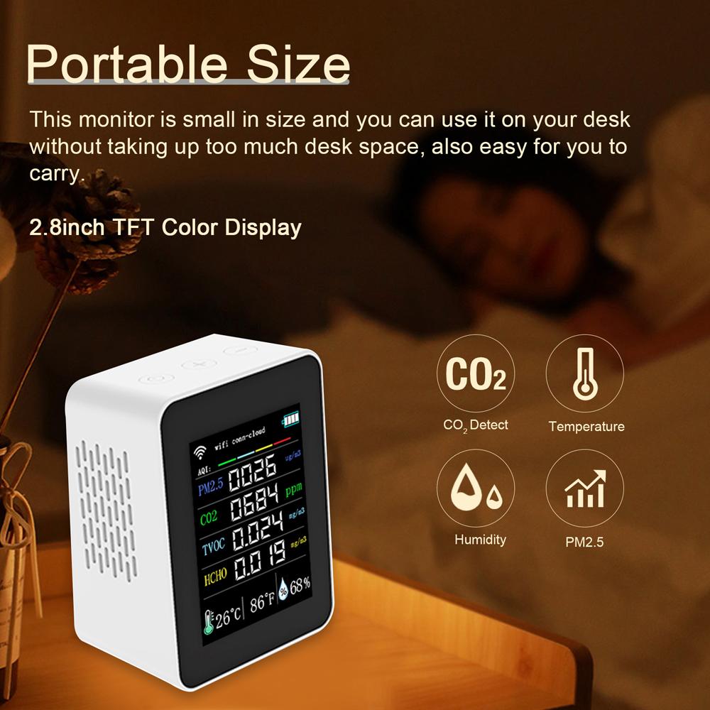 Tuya Wifi Portable Air Quality Meter 7in1 PM2.5 CO2 TVOC HCHO AQI Temperature Humidity Tester 2.8inch TFT Color Display Carbon Dioxide Detector Support Cellphone APP Control with Calendar Function