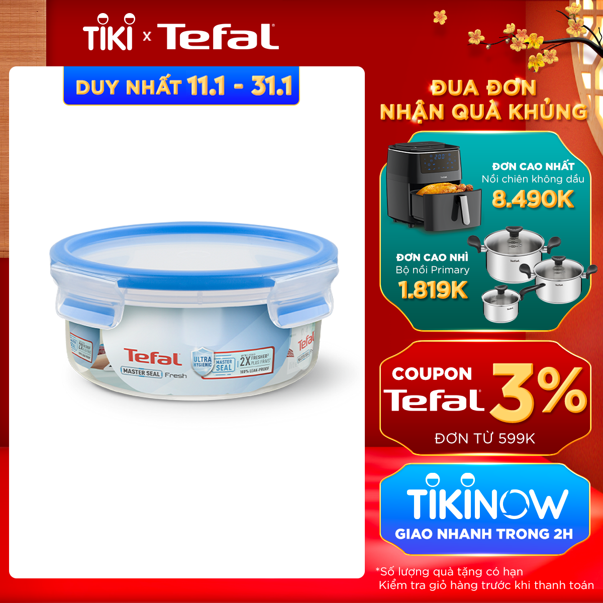 Hộp bảo quản thực phẩm nhựa Tefal Masterseal Fresh 850ml - Hàng chính hãng