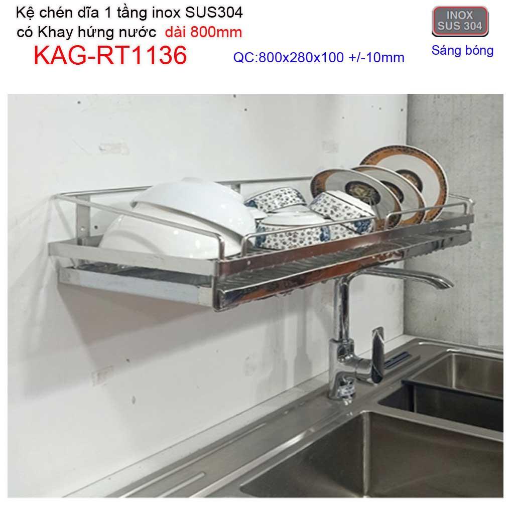 Kệ đựng chén bát dài 80cm inox 304, kệ úp chén dĩa 1 tầng có khay hứng nước inox KAG-RT1136