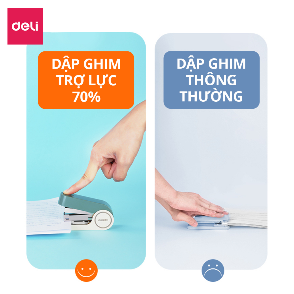 Dập ghim trợ lực mini Deli,  giảm 70% lực, không tốn sức, nhỏ gọn, kim bấm số 12 tiện lợi