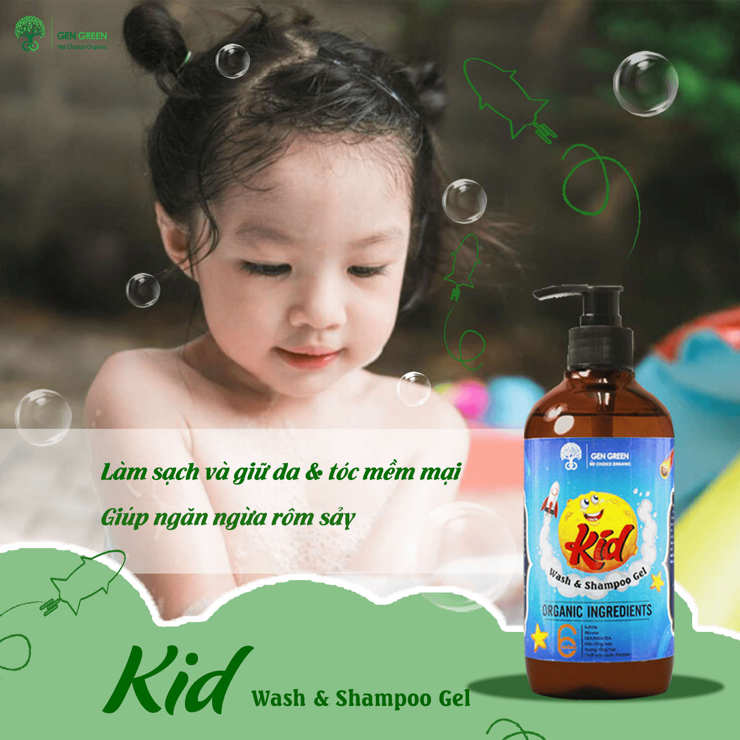 SỮA TẮM GỘI HỮU CƠ GENGREEN DÀNH CHO BÉ KID WASH AND SHAMPOO GEL