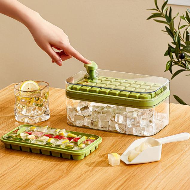 Khay làm đá, làm thạch thông minh 64 viên dạng nhấn kèm xẻng xúc đá tiện dụng chất lượng cao