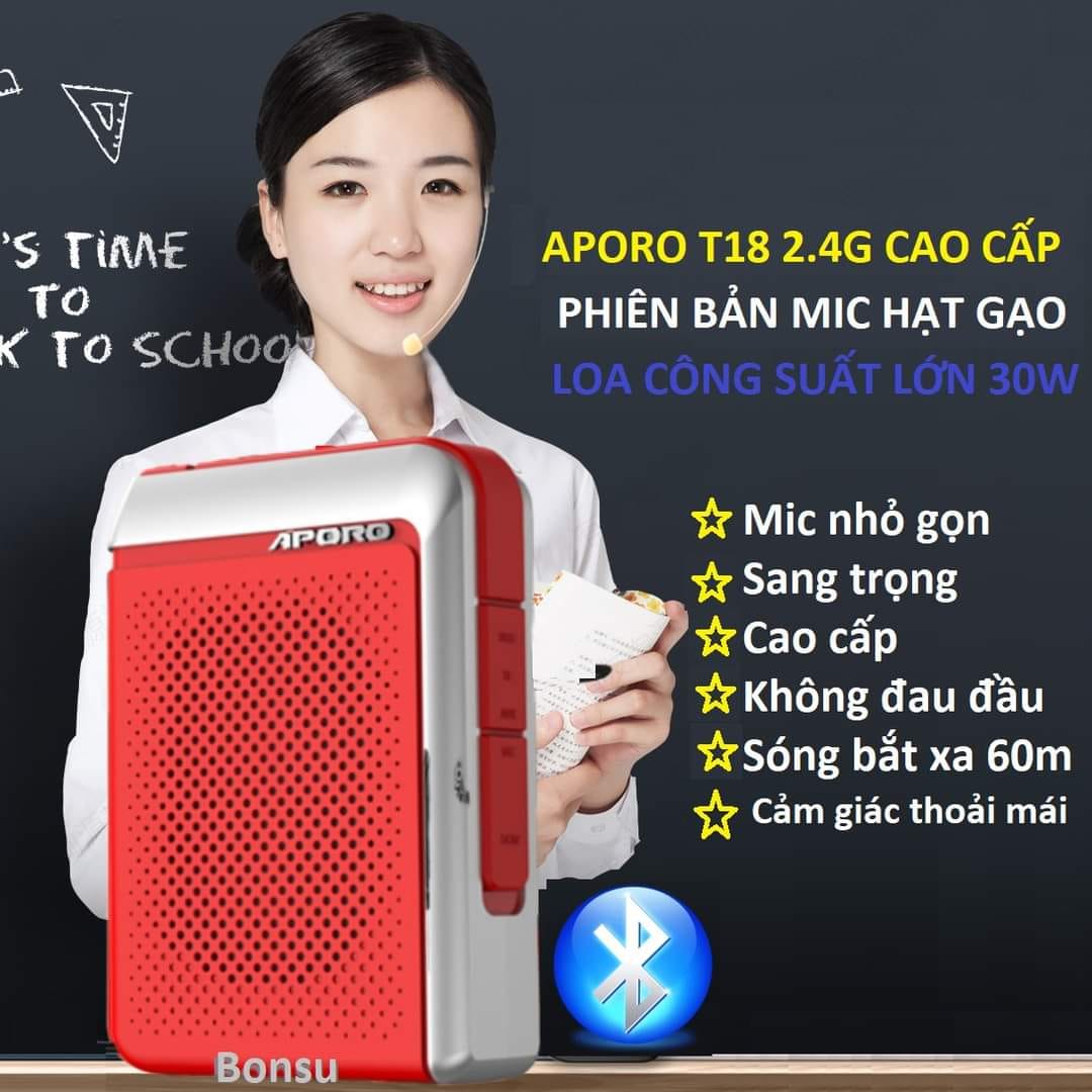 Máy trợ giảng Aporo T18 5.0 micro hạt gạo không dây tặng kèm mic cài áo và túi đựng máy- Hàng Chính Hãng