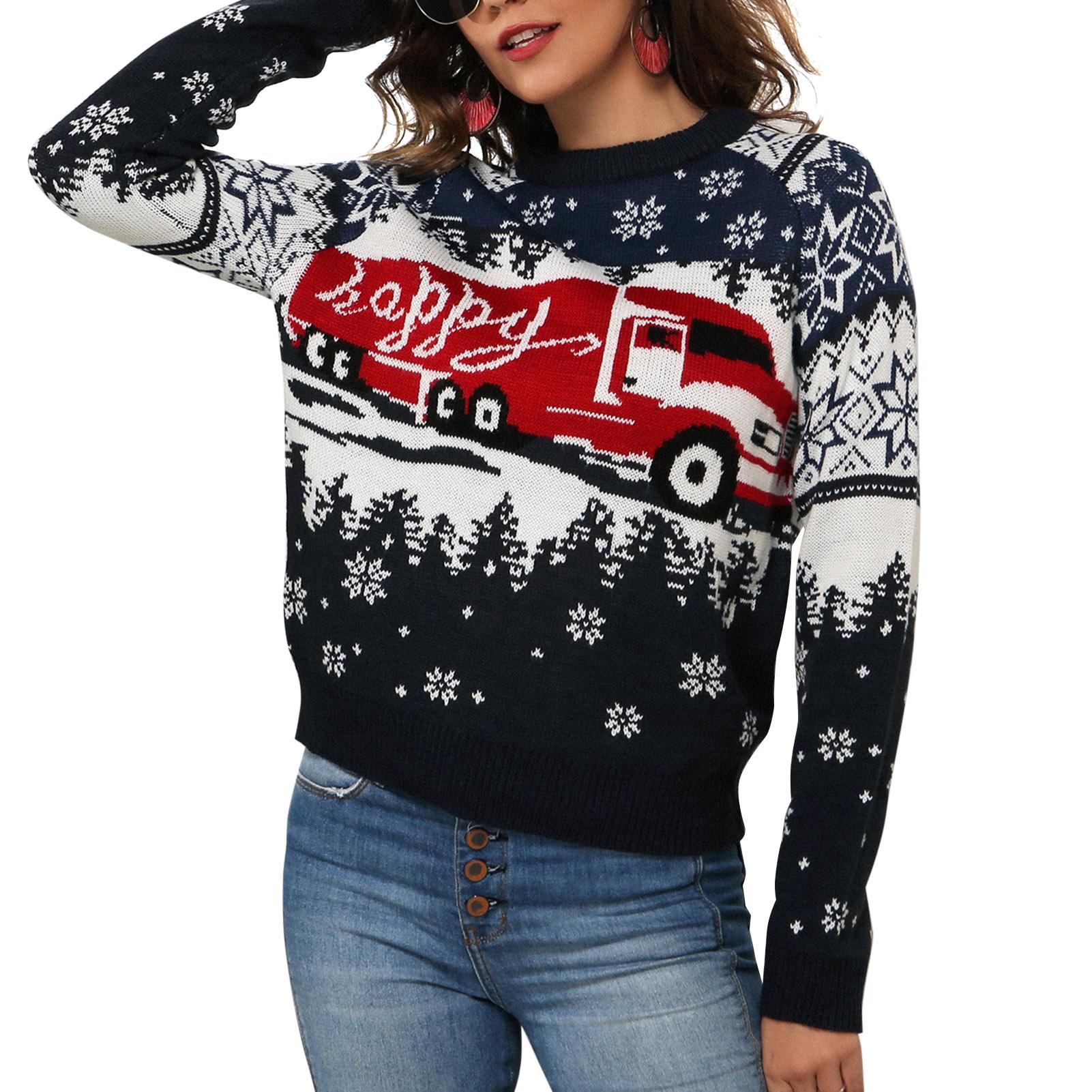 Women Christmas Sweater Cute Snowflake Pattern Xmas Knit Pullover O-Neck Long Sleeve Jumper Casual Holiday