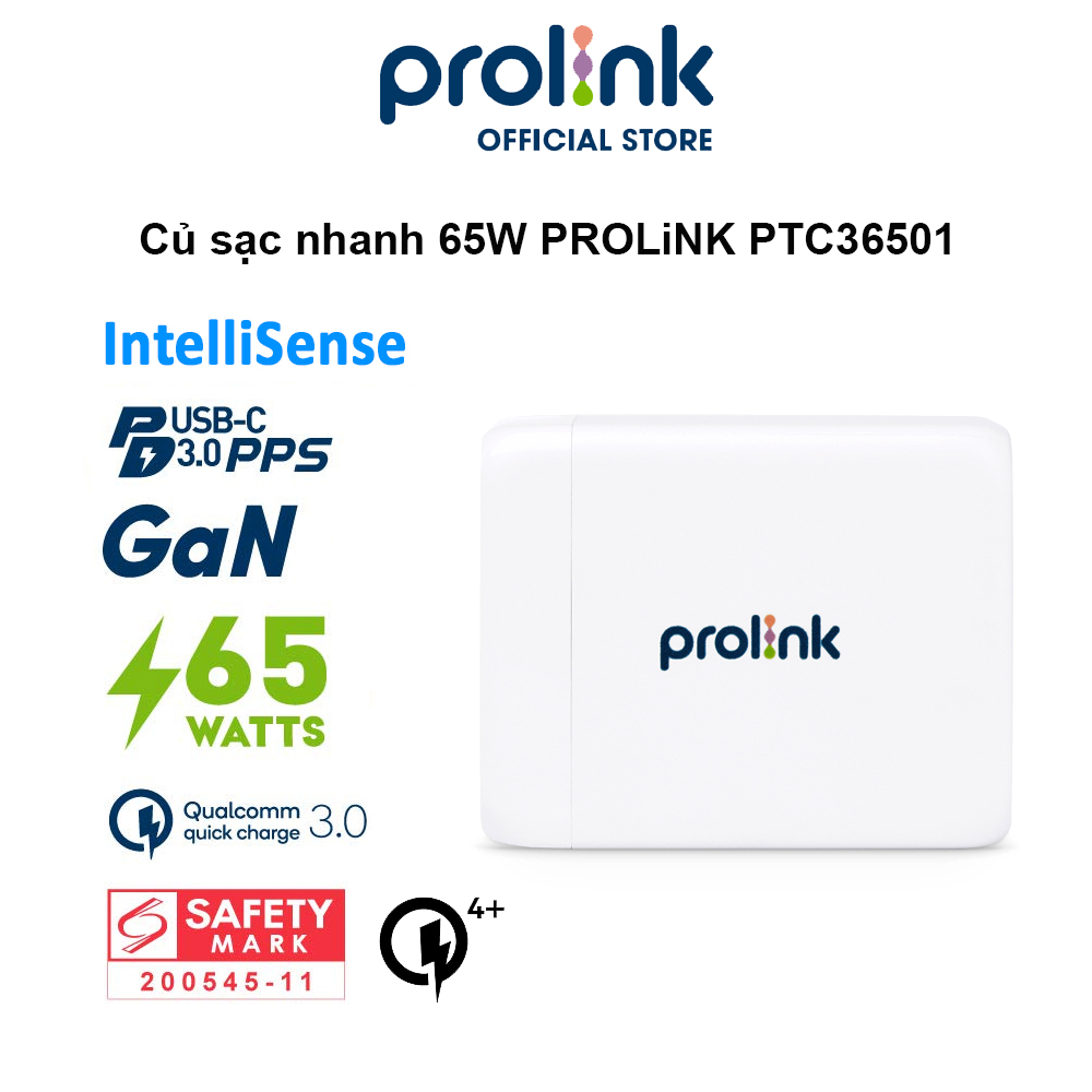 Củ sạc nhanh 65W PROLiNK PTC36501, 3 cổng (USB-A QC 3.0 &amp; 2USB-C PD 3.0) IntelliSense, dùng cho điện thoại, iPad, Laptop - Hàng chính hãng