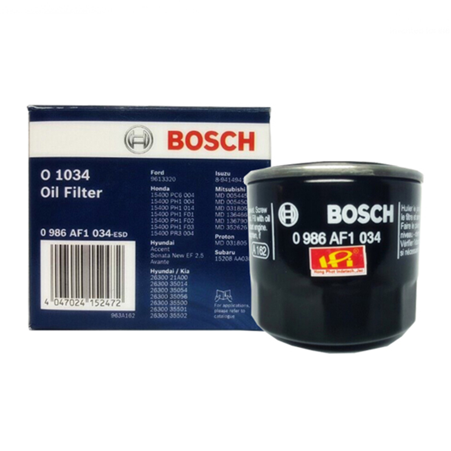 Lọc nhớt Bosch O1034 dành cho xe Cerato/Forte 1.6 2.0 / 08-15; Elantra / Avante, i30, Sonata, Accent, Verna,...; KIA Forte / Cerato, Rio, Soul, CRV (19-); MITSUBISHI Triton