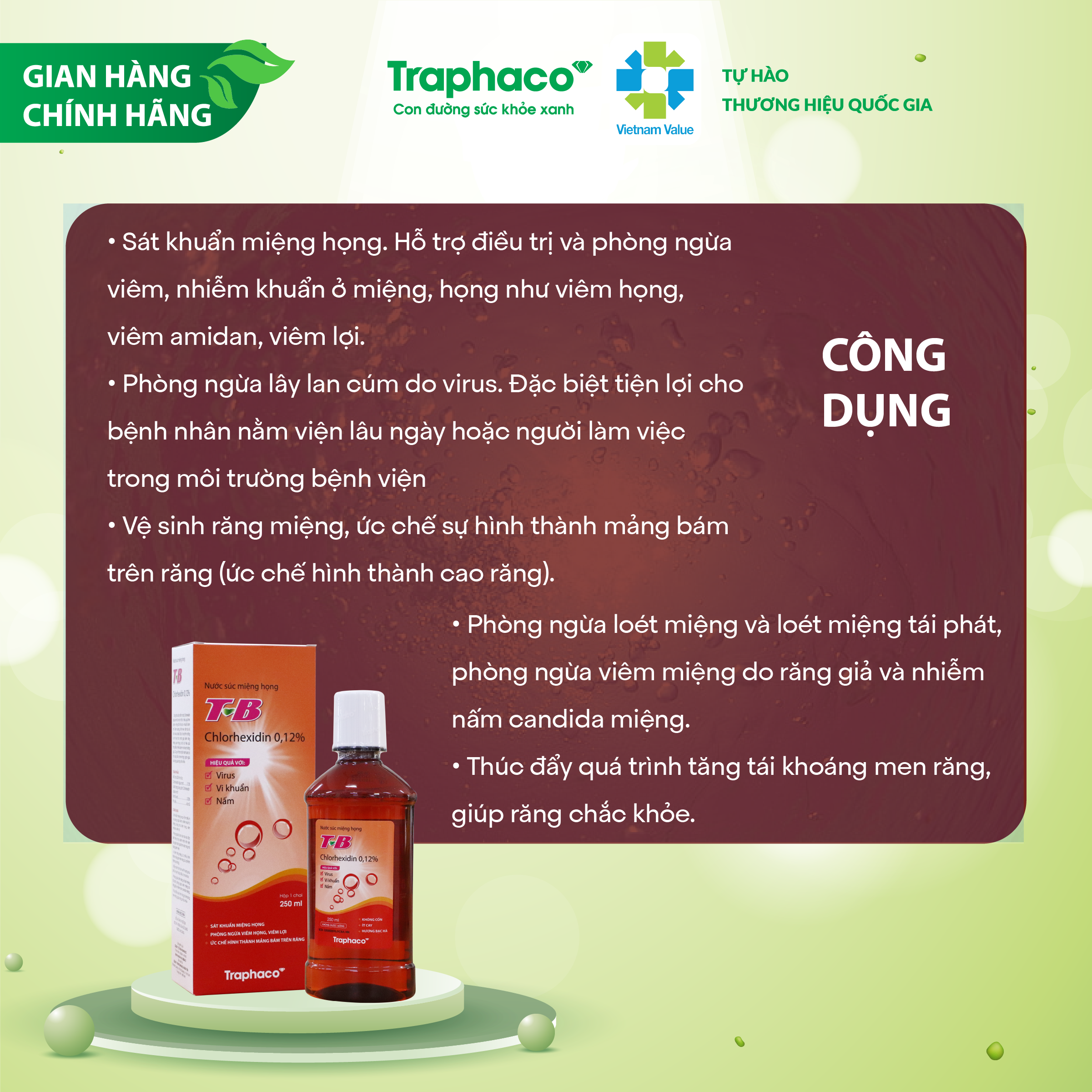 Nước súc miệng TB CHLORHEXIDIN 0.12% hiệu quả với vius, vi khuẩn, nấm chai 250ml