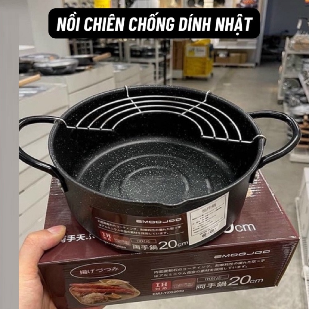 Nồi chiên/rán ngập dầu chống dính kèm khay ráo dầu có tay cầm 20cm Nhật Bản, sử dụng được trên mọi loại bếp từ, gas, hồng ngoại, Hàng chính hãng Model EmooJooKittchen