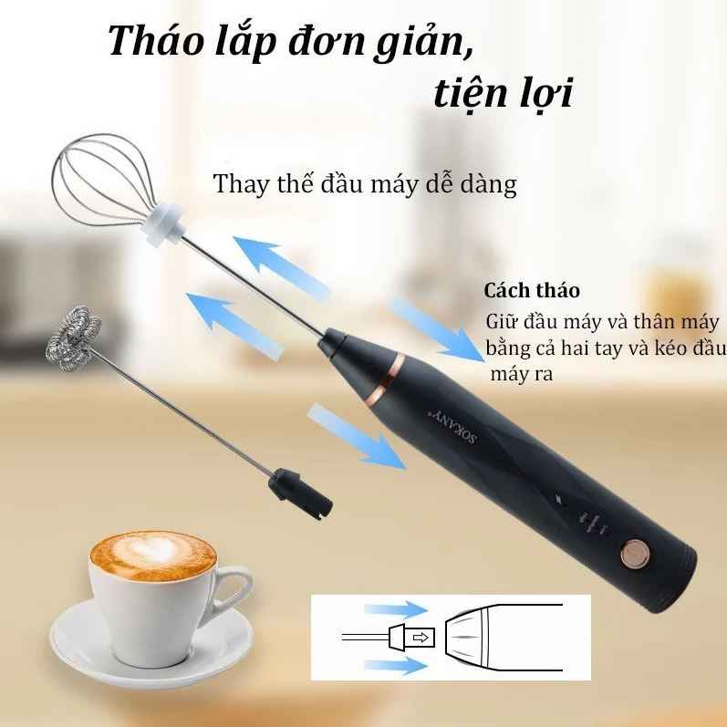 Máy Đánh Trứng Sokany SK-201A Cầm Tay Không Dây Cao Cấp - Máy Tạo Bọt Cafe 3 Tốc Độ Thông Minh Tiện Lợi