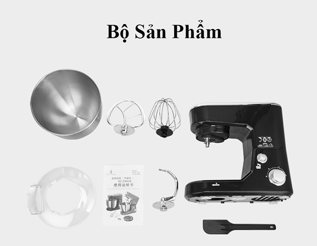 Máy nhồi, trộn, bột đánh trứng nhà bếp làm bánh tự động 5 lít, 3 đầu tiêu chuẩn tặng kèm vá múc bột, có nắp đậy tô an toàn sạch sẽ, Hàng Chính Hãng