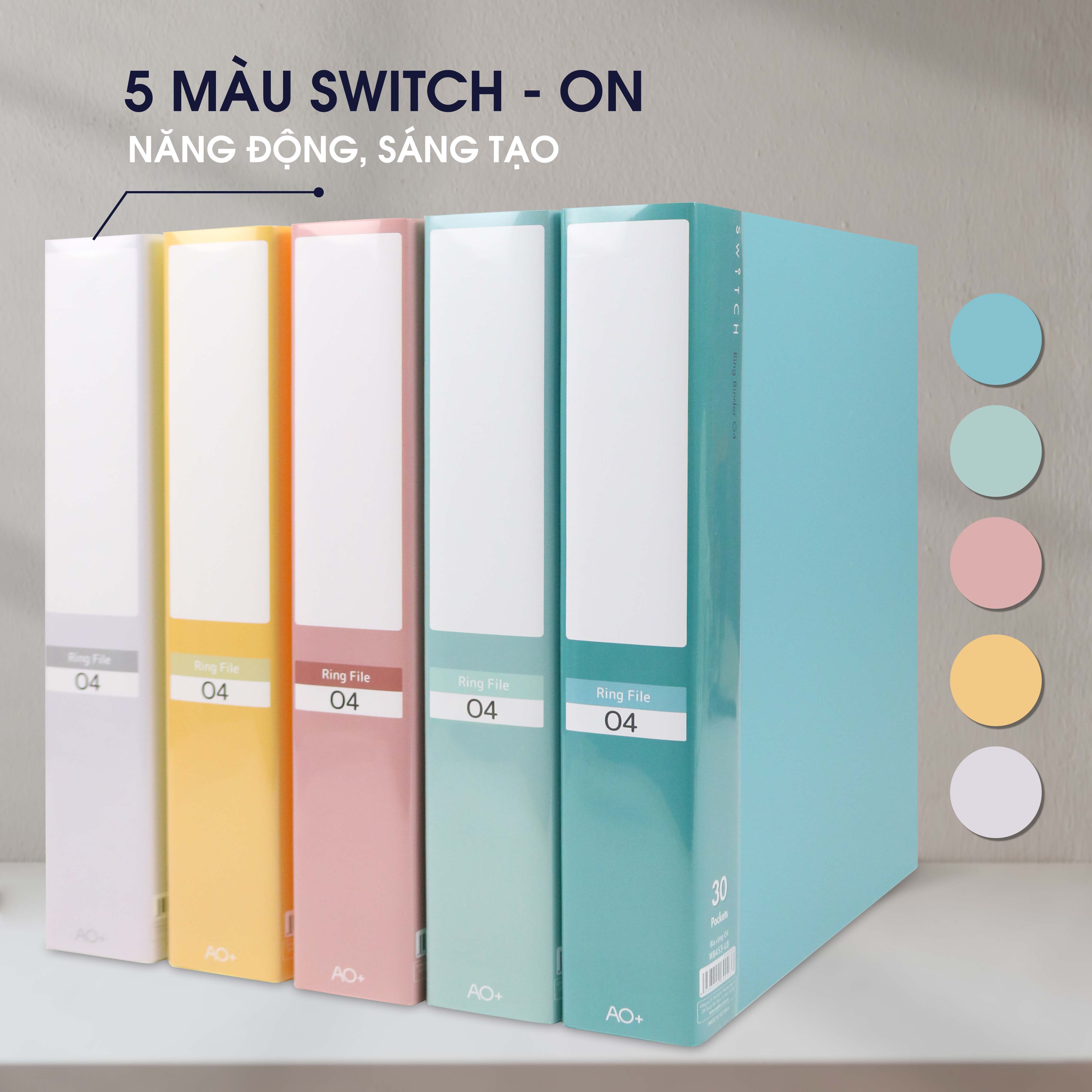 Bìa Còng O4 Switch ON AO+, Nhựa PP/ A4, 4 Nhẫn O, Kèm Bộ Phân Trang và Túi Sơ Mi Lỗ, (25/35/50 mm)