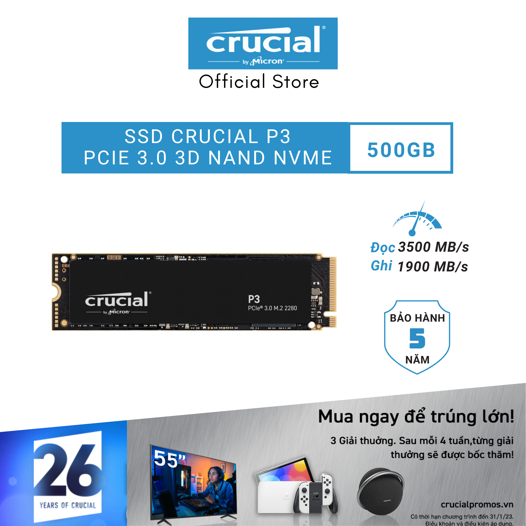 SSD CRUCIAL P3 Gen 3 NVMe 500GB - CT500P3SSD8 - HÀNG CHÍNH HÃNG