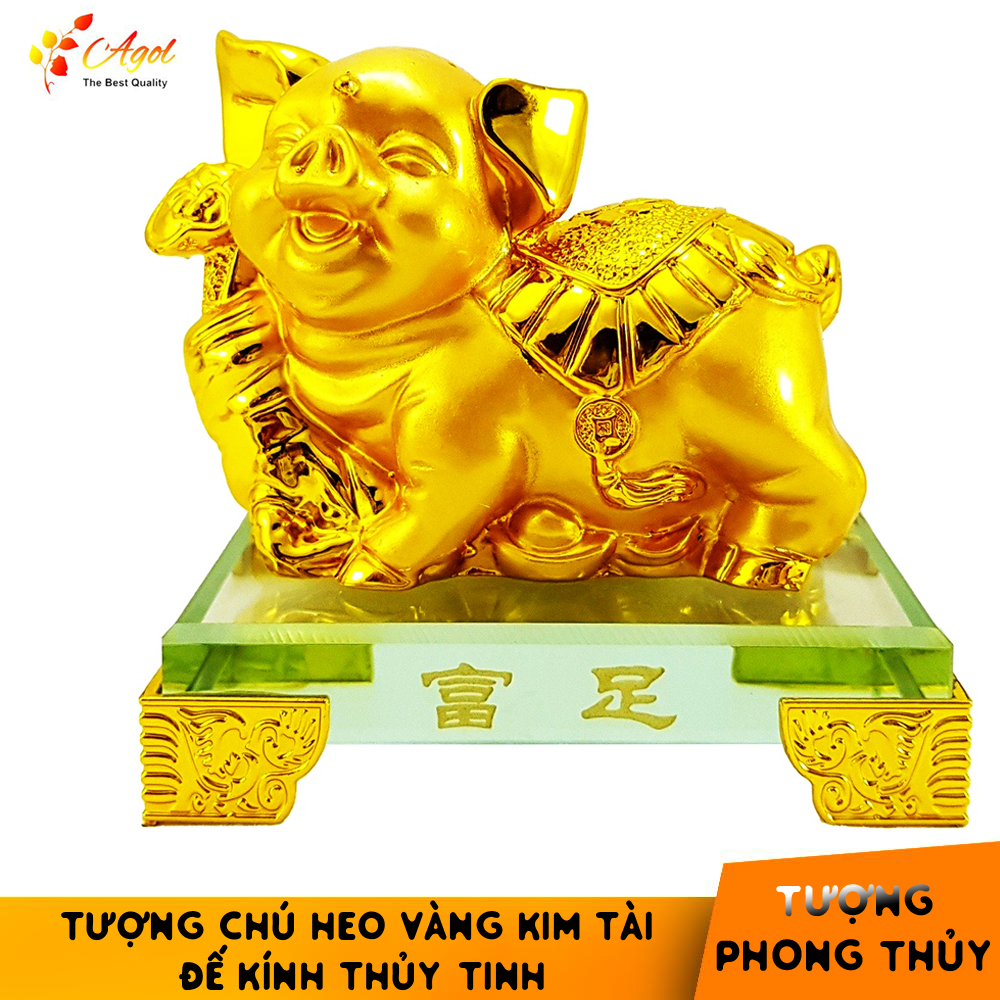 Tượng chú heo vàng đế kính thủy tinh cao cấp - Tượng Hợi Chiêu Tài