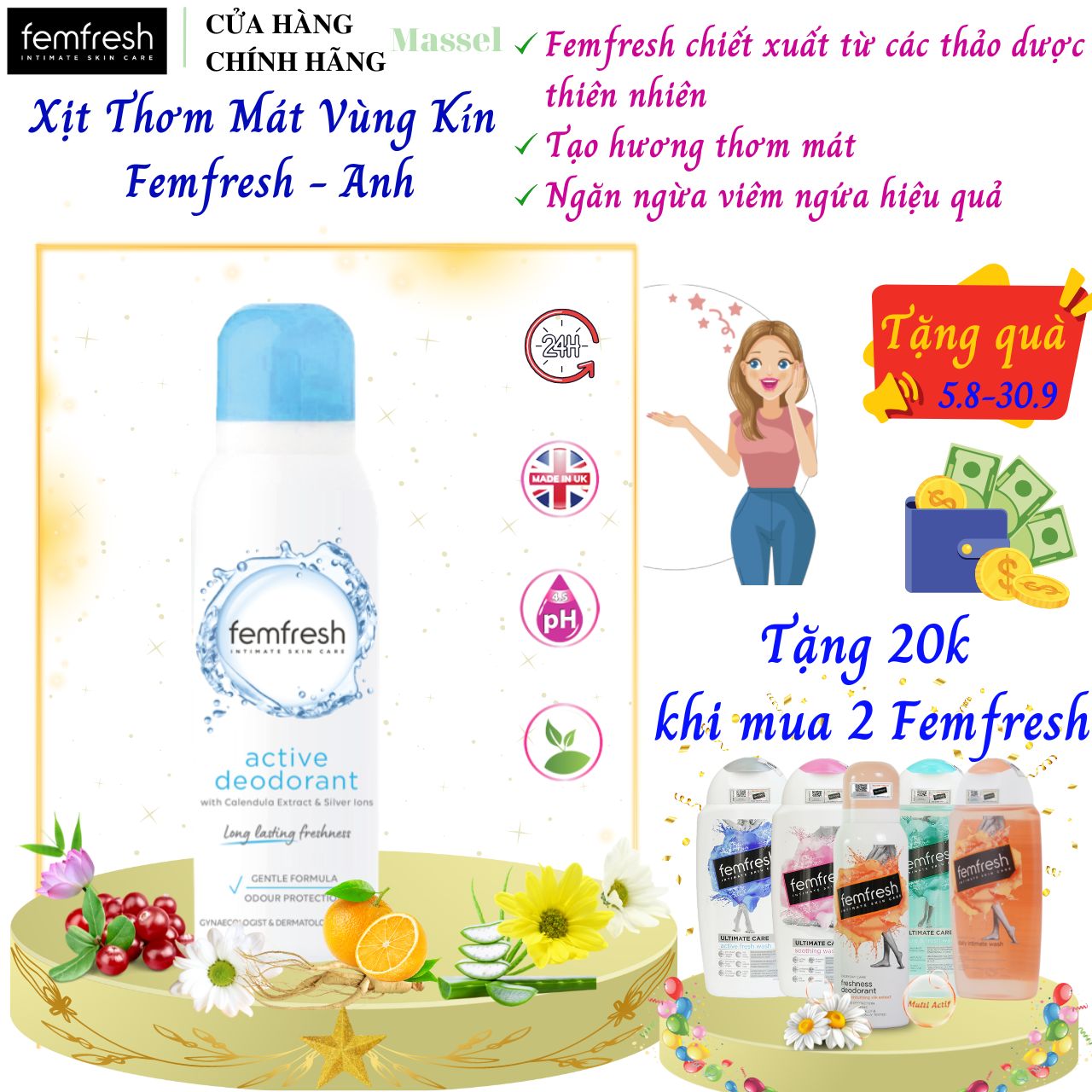 Xịt Thơm Mát Cao Cấp Femfresh Deodorant Spray - Nhập Khẩu Anh Quốc, khử mùi, diệt khuẩn, tạo cảm giác thơm mát