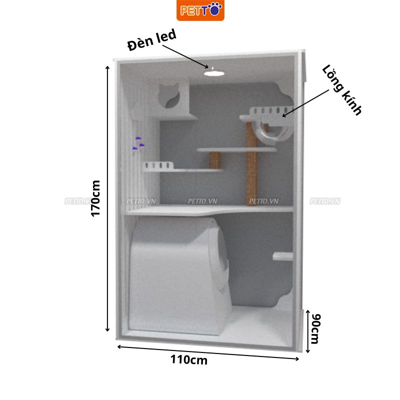 Tủ nuôi mèo bằng gỗ nhà mèo áp tường màu trắng KÈM LỒNG KÍNH, đèn led sang trọng dành cho 1 -2 bé mèo CC026