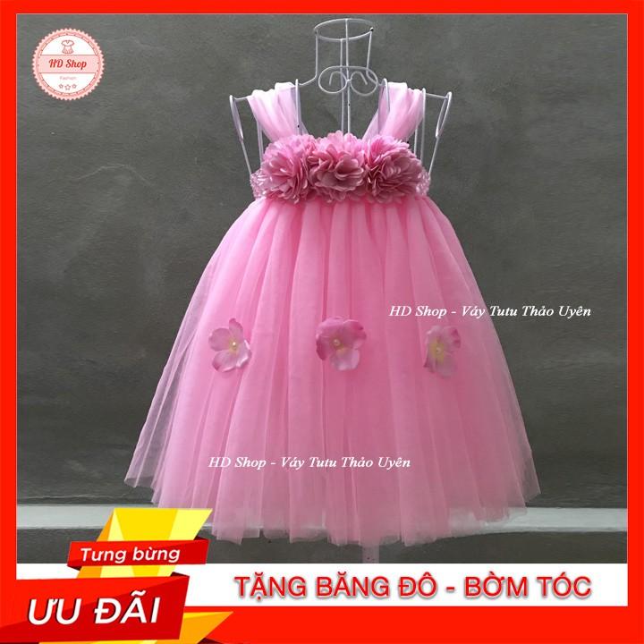 Đầm công chúa bé gái ️️ Đầm hồng hoa xù 3 tú cầu cho bé gái