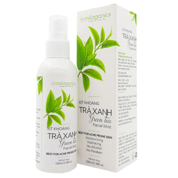 Xịt Khoáng Trà Xanh Cấp Nước, Ngăn Ngừa Mụn Milaganics (100ml)