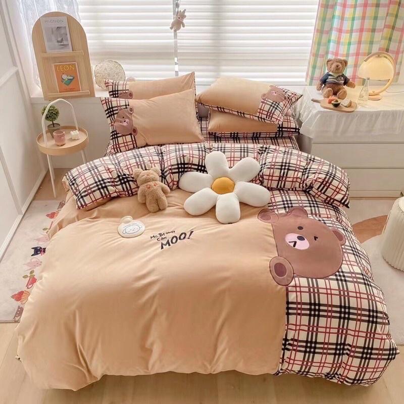 BỘ CHĂN GA GỐI NỈ SỮA GẤU TEDDY PHỐI KẺ DỄ THƯƠNG