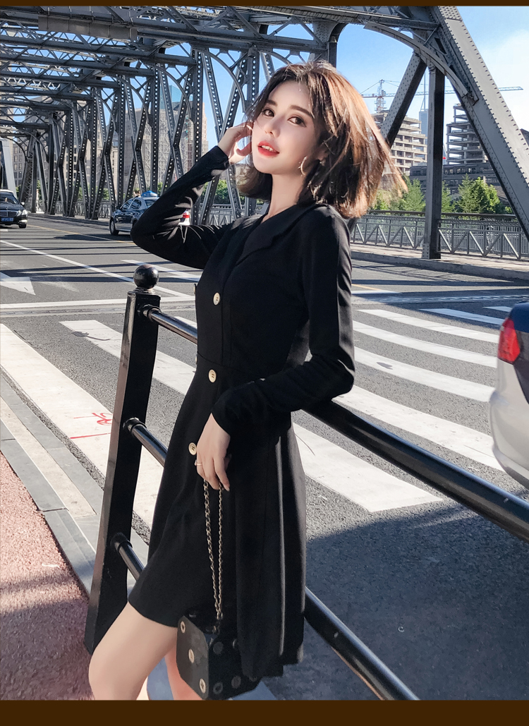 Hàng Quảng Châu - Đầm xòe cổ vest màu đen tay dài phối nút cao cấp - D83262