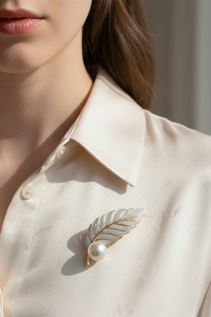 Trâm Cài Áo Vest, Áo Dài Đính Ngọc Trai Baroque Hình Lông Vũ thời trang thiết kế Hity ACC404