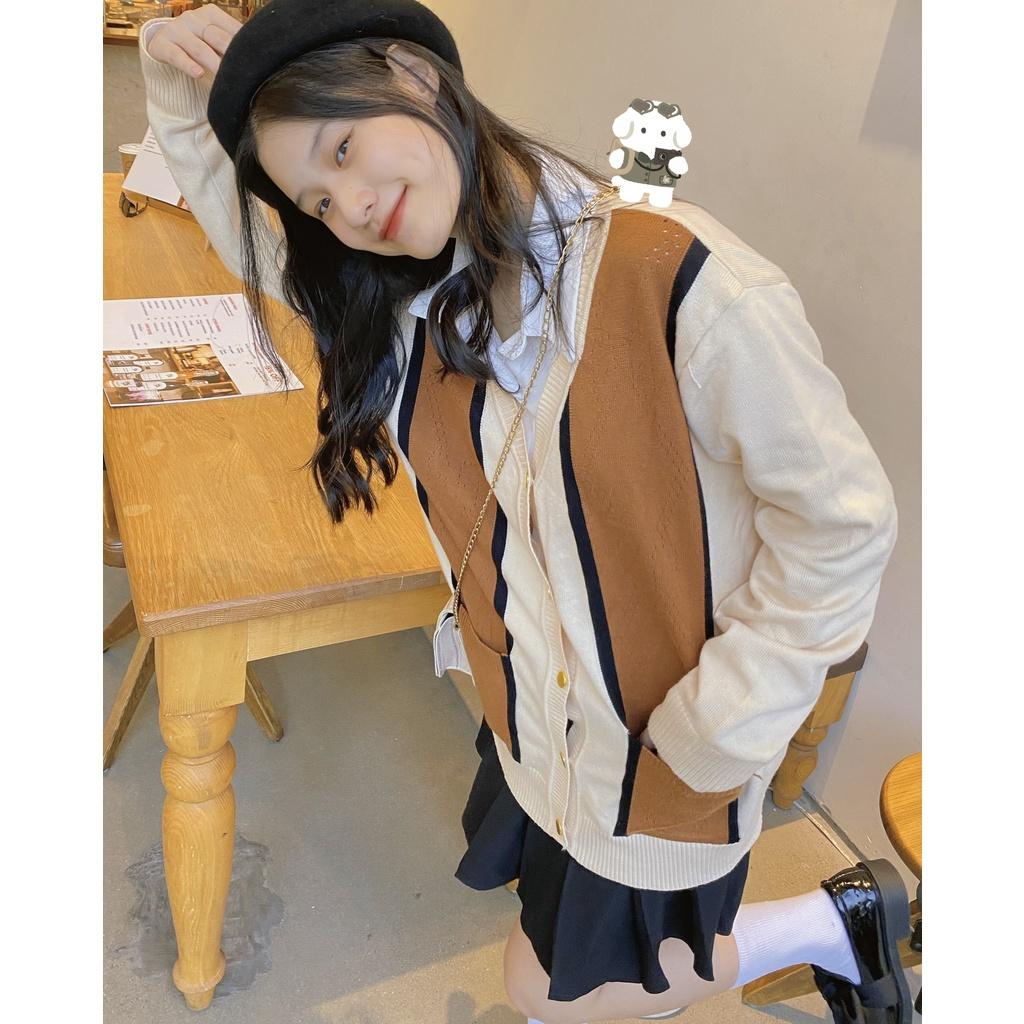 Áo khoác Cardigan len kẻ sọc nâu be form rộng ulzzang - Made by Fiin