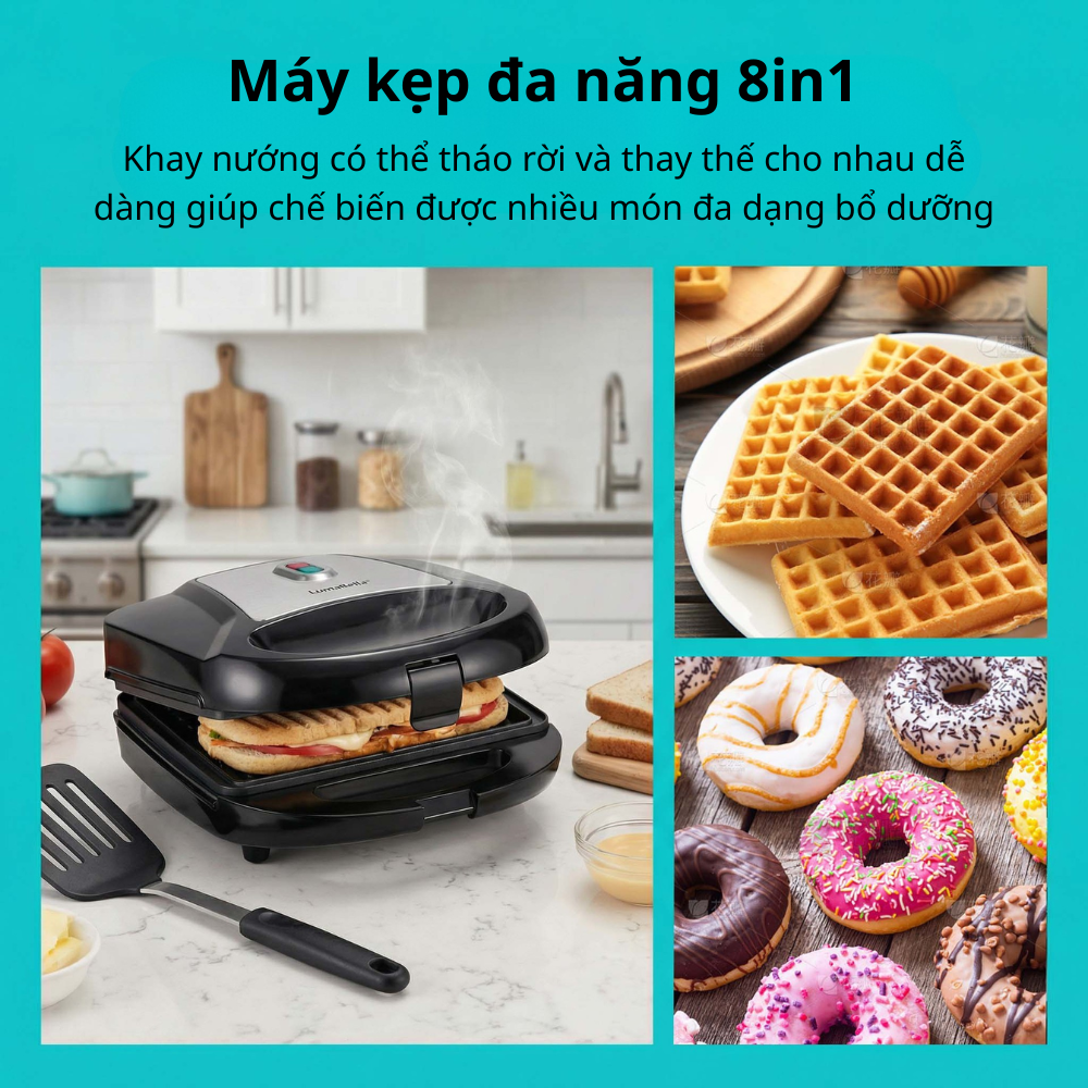 Máy nướng, kẹp bánh mì đa năng 8IN1 Lumabella LB-58052 công suất 800W, khay nướng chống dính tháo rời, dễ dùng, dễ vệ sinh - DELIYA - HÀNG CHÍNH HÃNG