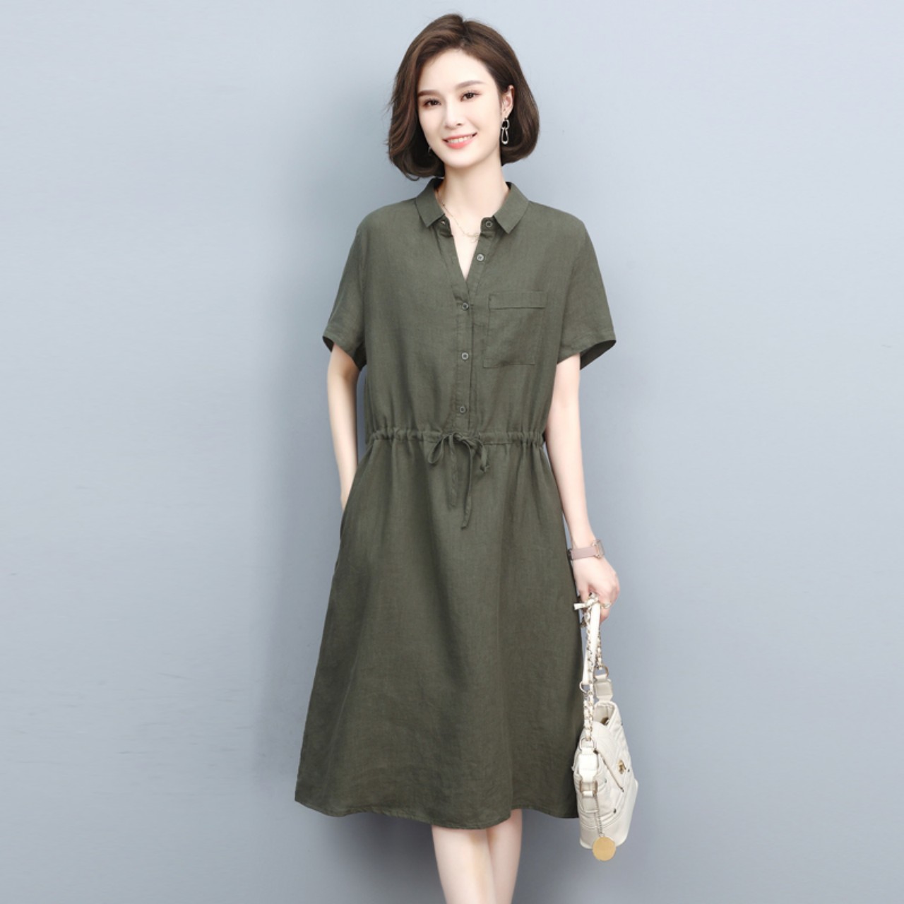 Đầm Linen nữ cổ sơ mi cộc tay, Váy sơ mi nữ dáng suông có túi ngực kèm dây rút eo ARCTIC HUNTER