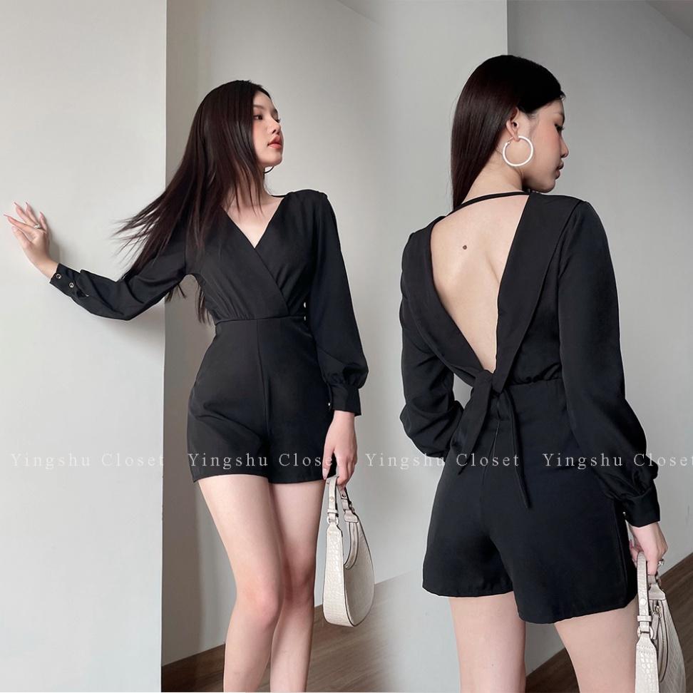 Jumpsuit đùi ngắn hở lưng cotton tay dài đen cổ V ivy.fashion đi biển dự tiệc dạo phố bigsize gợi cảm sexy