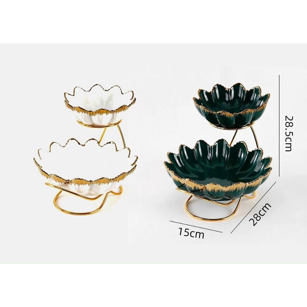 KHAY ĐỰNG BÁNH KẸO HOA QUẢ SỨ 2 TẦNG DÁNG SEN SANG TRỌNG HIỆN ĐẠI