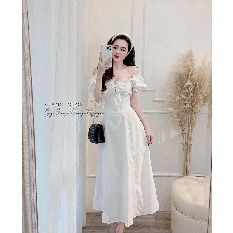 SIÊU PHẨM VÁY TRẮNG TRỄ VAI CỔ BÈO ĐAN DÂY NGỰC HAI LỚP SIÊU XINH XẮN TIỂU THƯ