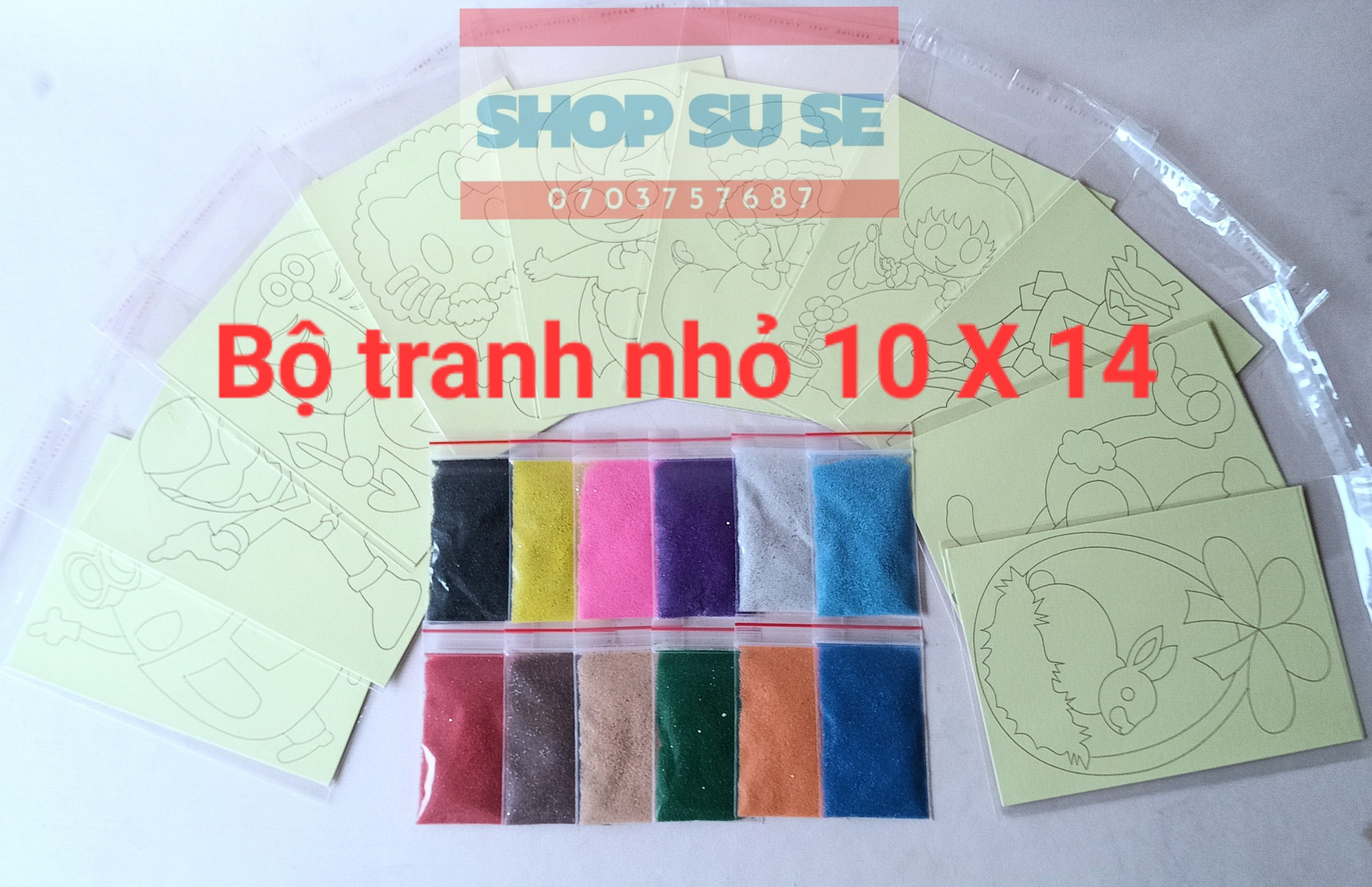 Tranh cát nhỏ. Bộ 10 tờ 10 X 14 cm. 12 bịt cát, mỗi bịt 10g