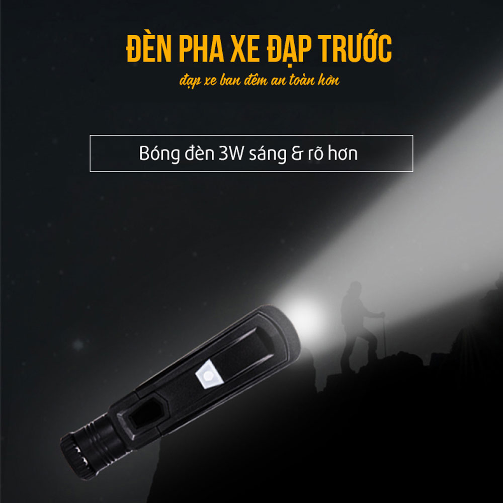 Đèn Xe Đạp 3W Led Pha Gắn Trước Tay Lái Ghi Đông Soi Đường Đạp Xe Ban Đêm Nhiều Chế Độ Sáng Chống Nước Sạc Điện MaiLee