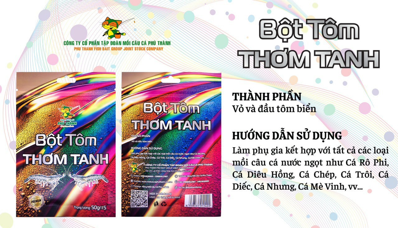 Bột tôm thơm tanh. Hãng mồi câu cá Phú Thành