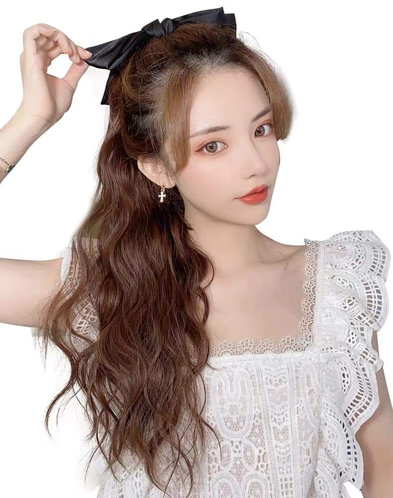 Tóc giả nữ cột xù nơ đen, tóc giả buộc
