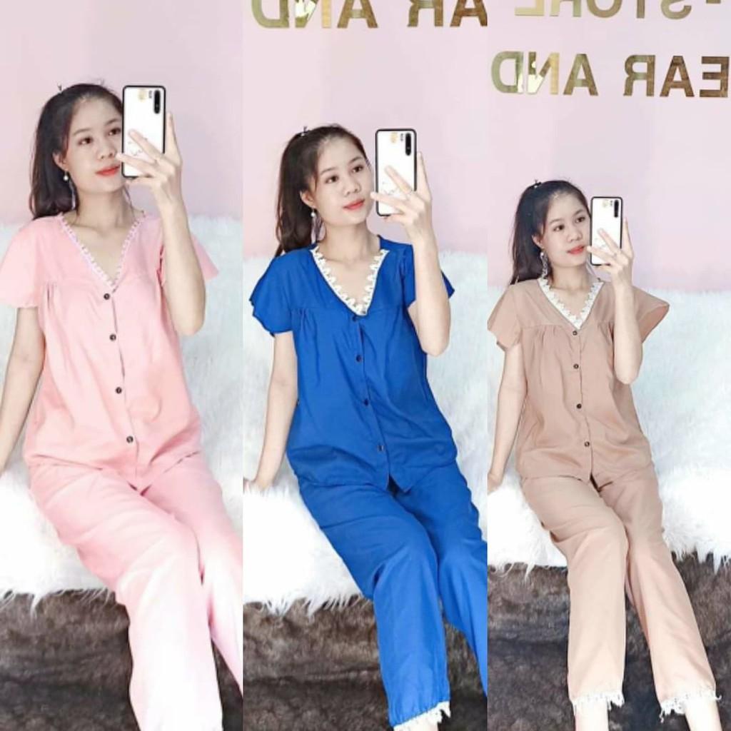 Bộ kate lụa cổ ren tim - quần dài tay bèo - ẢNH THẬT