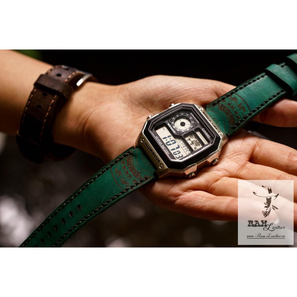 DÂY ĐỒNG HỒ TRỐNG ĐỒNG CASIO AE1200/SEIKO5 RAM GREEN DA BÒ THẬT