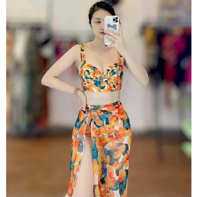 BIKINI 2 MẢNH KÈM KHĂN HỌA TIẾT HOA CAM BIKINI UMI